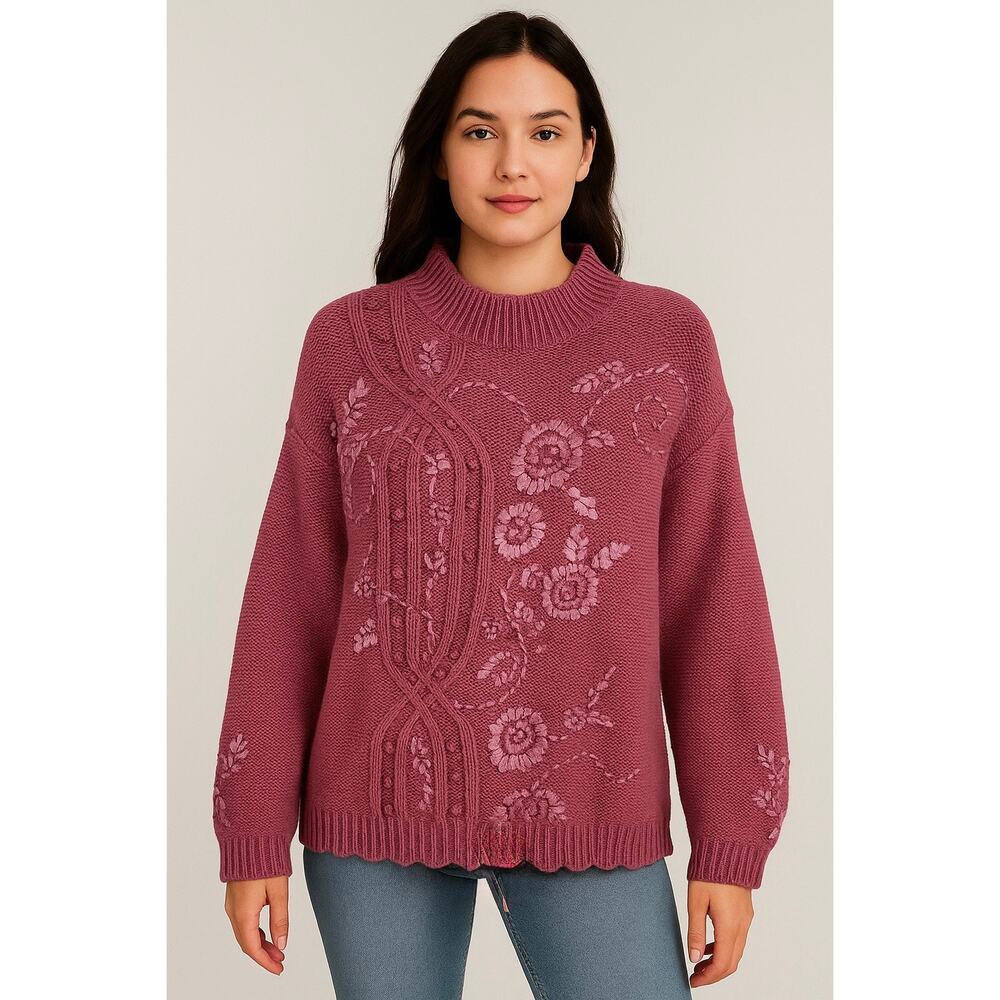 Ninon De Lenclos Vintage Pink Mock Neck Cable‎ Knit Ribbon Embellished Sweater L